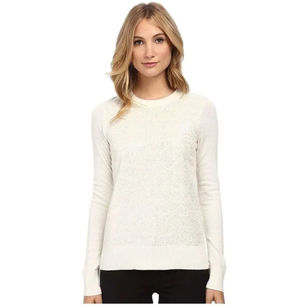 Kate Spade New York Ivory Sequin Front Sweater Keyhole Back Black Satin Bow Sz S
